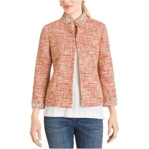 Chico’s Womens Orange Tweed Rhinestone Trim Sophisticated Blazer Jacket 2 | Med